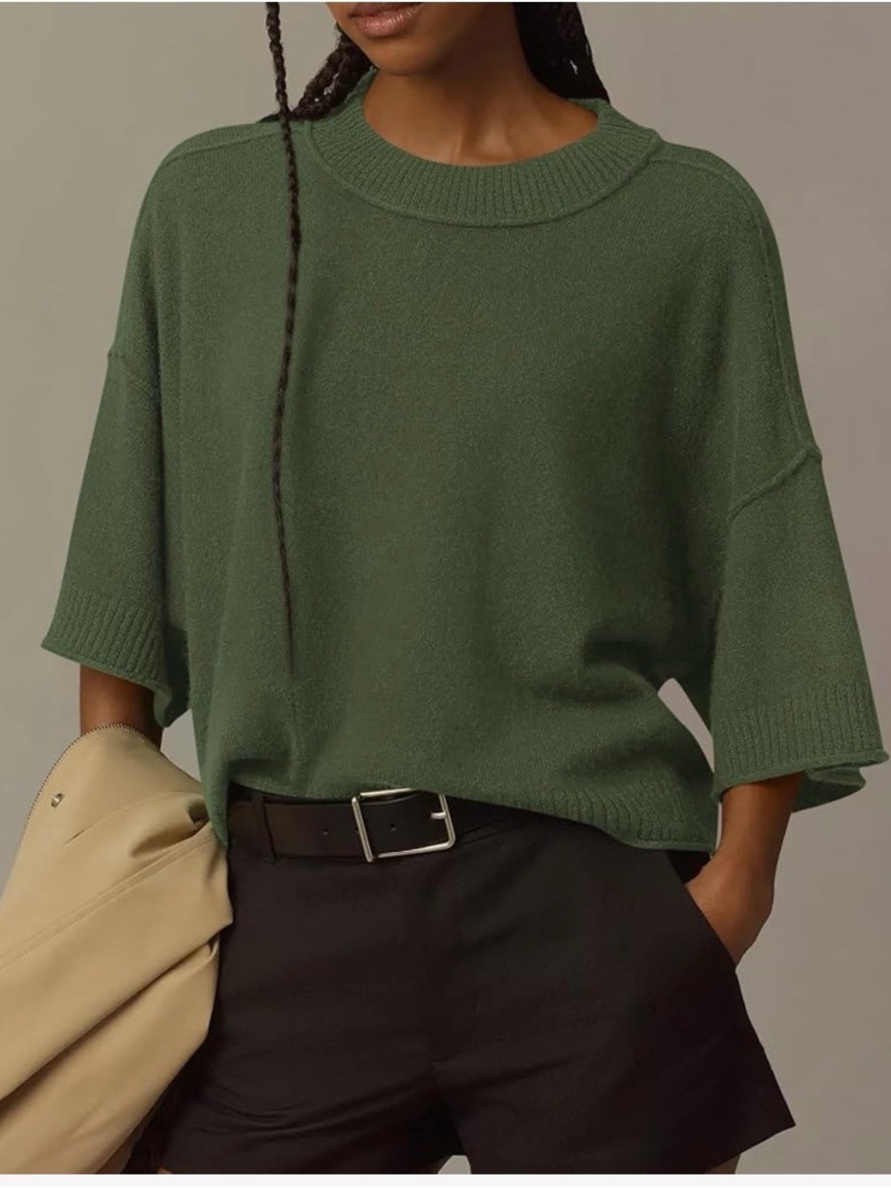 Relaxed Crewneck Short-Sleeve Sweater in Olive Green